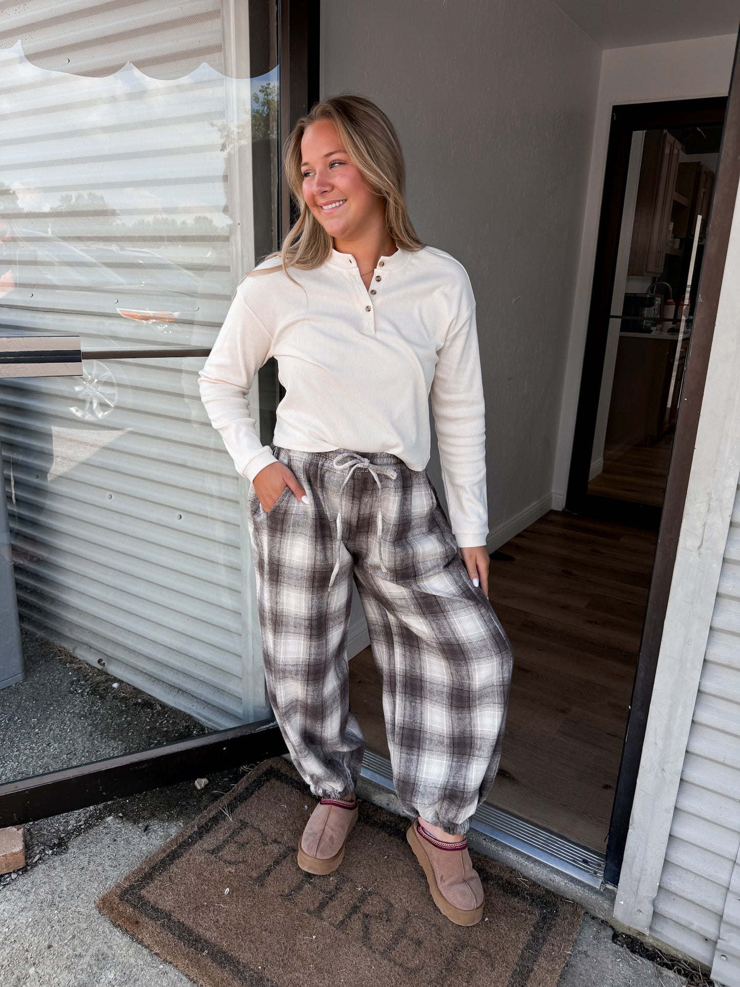 Daily Ease Plaid Joggers - brown