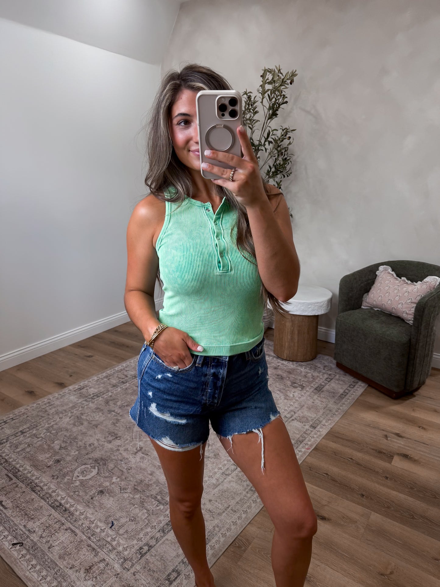 Trinity Mineral Washed Ribbed Tank - kelly green