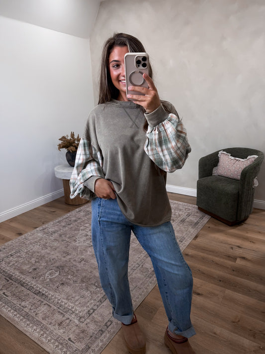 Indie Flannel Contrast Pullover - olive