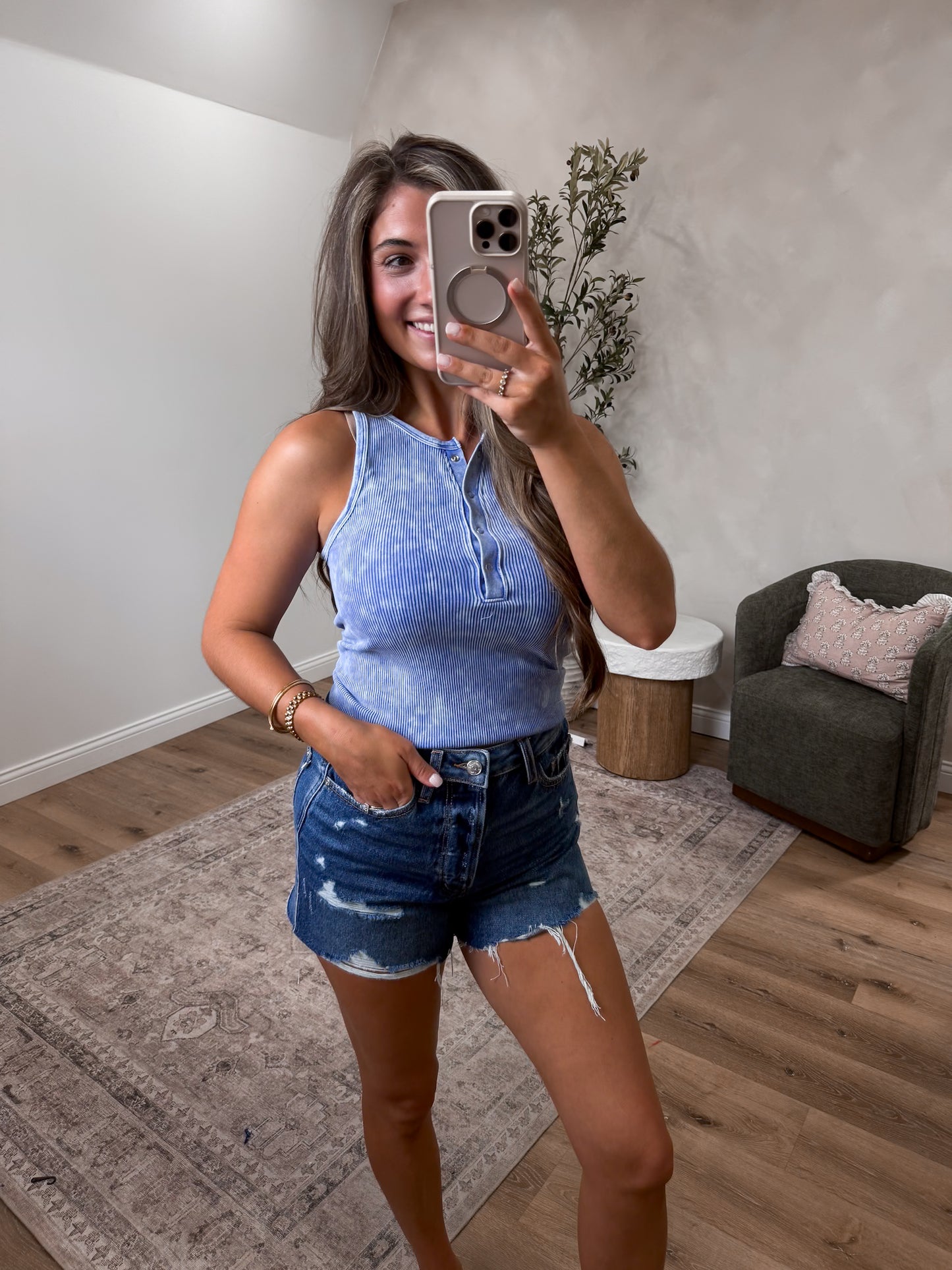 Trinity Mineral Washed Ribbed Tank - light indigo