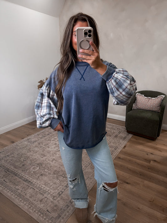 Indie Flannel Contrast Pullover - navy