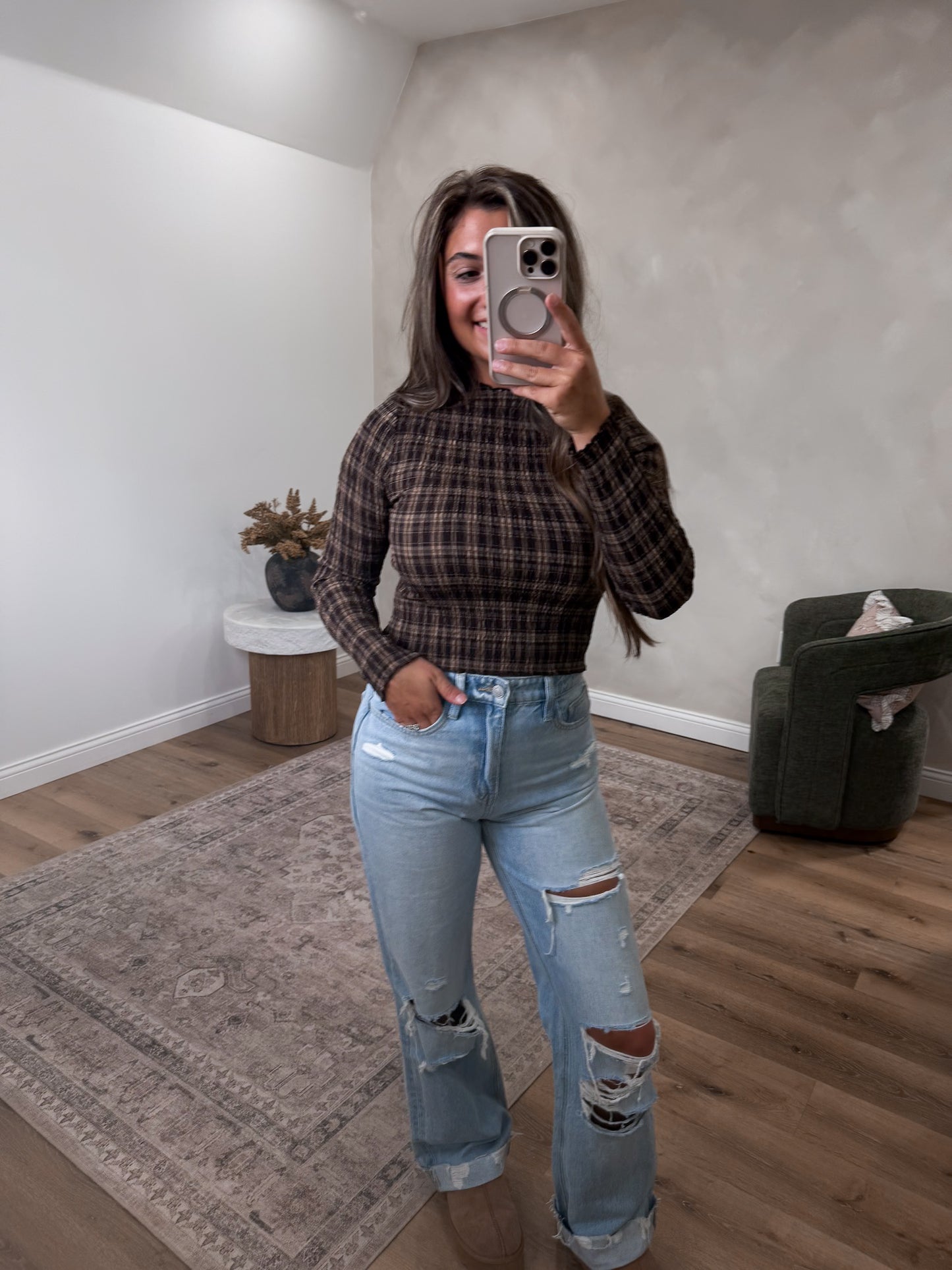 Karissa Plaid Smocked Cropped Top - chocolate