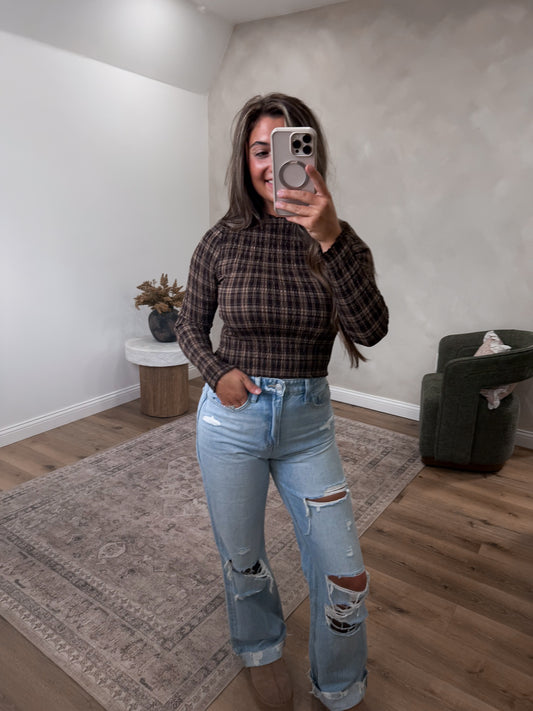 Karissa Plaid Smocked Cropped Top - chocolate