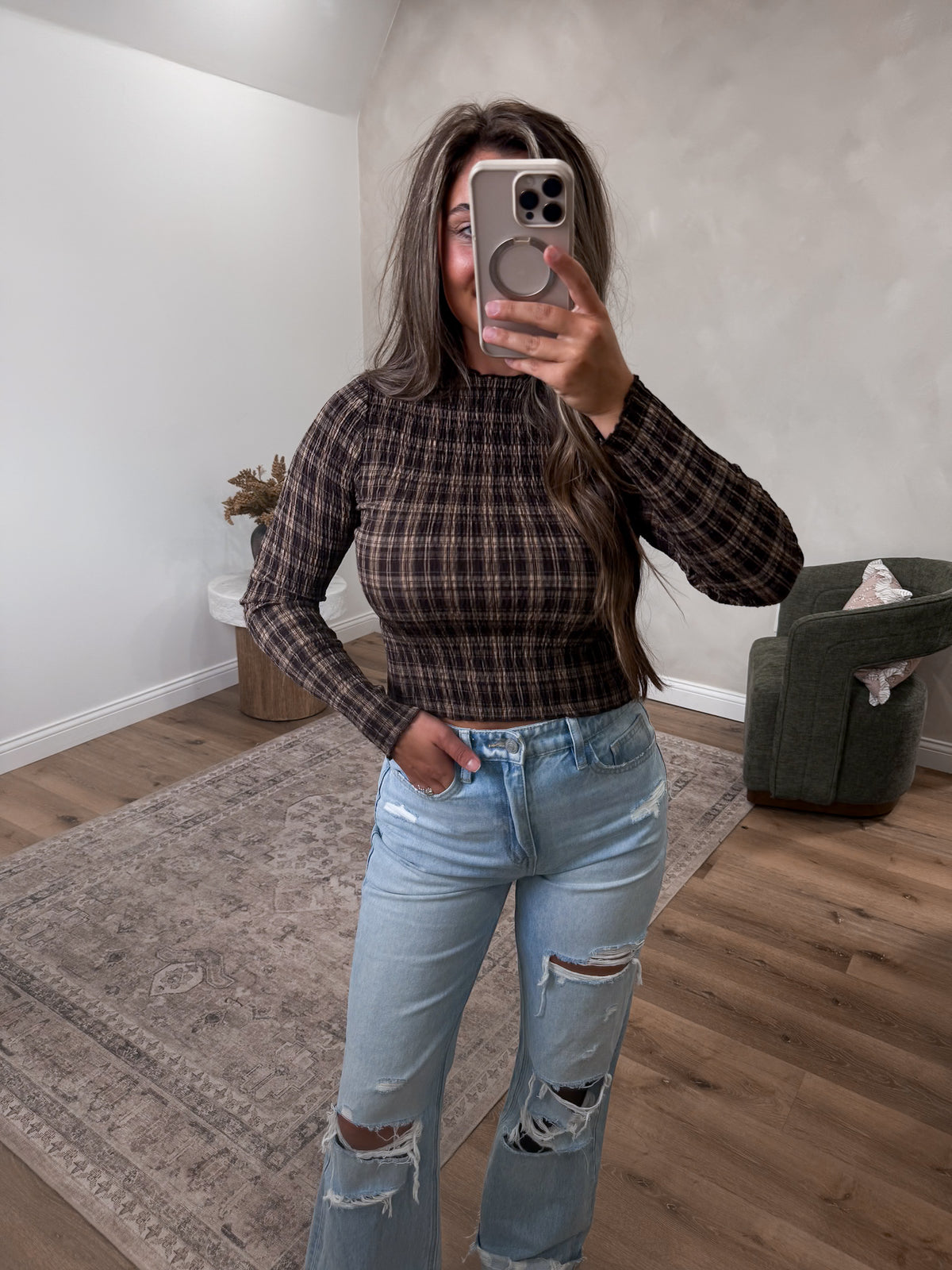 Karissa Plaid Smocked Cropped Top - chocolate