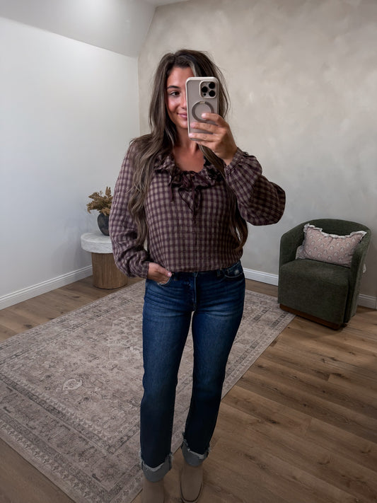 Leslie Gingham Ruffle Blouse - brown