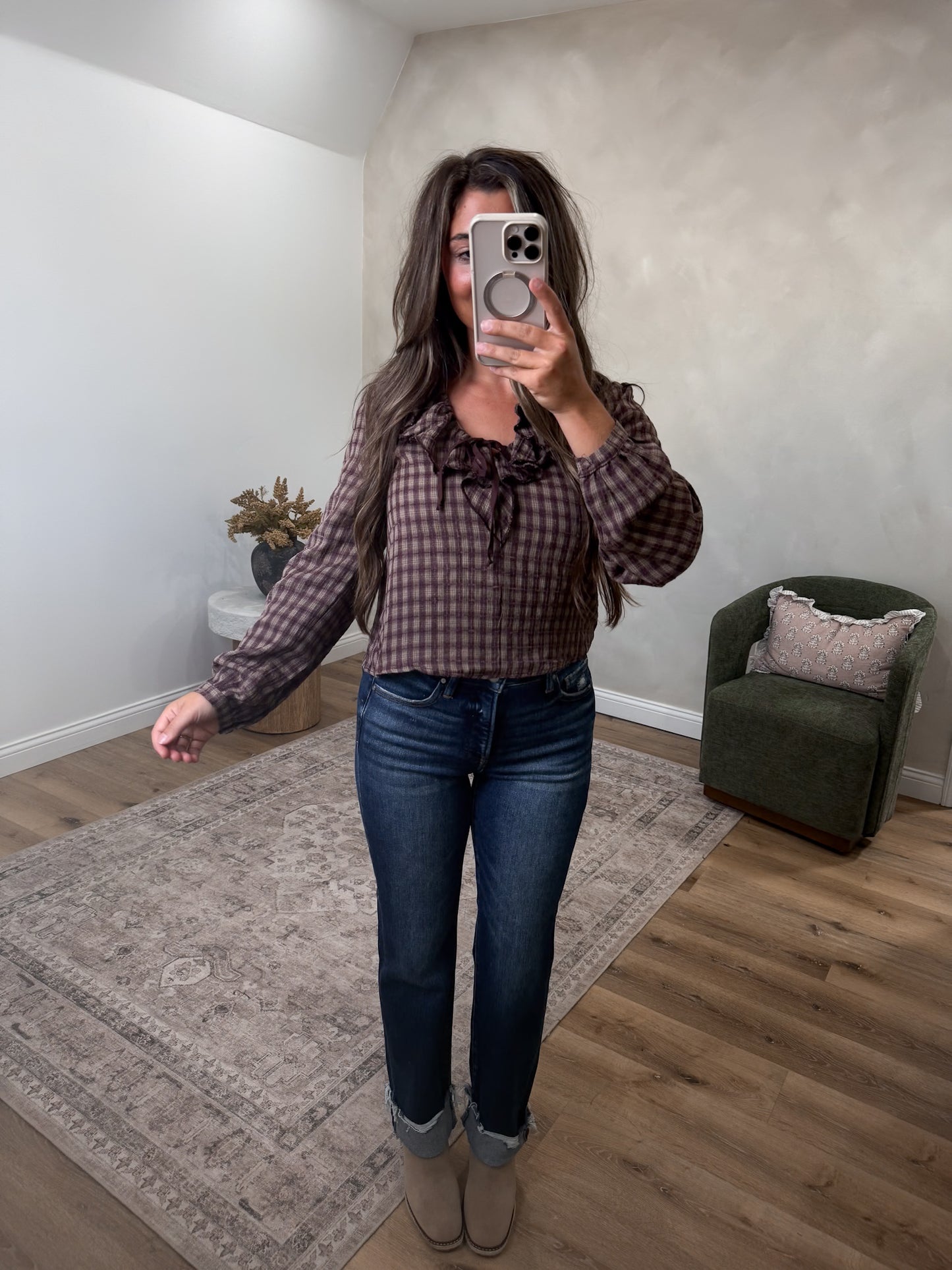 Leslie Gingham Ruffle Blouse - brown