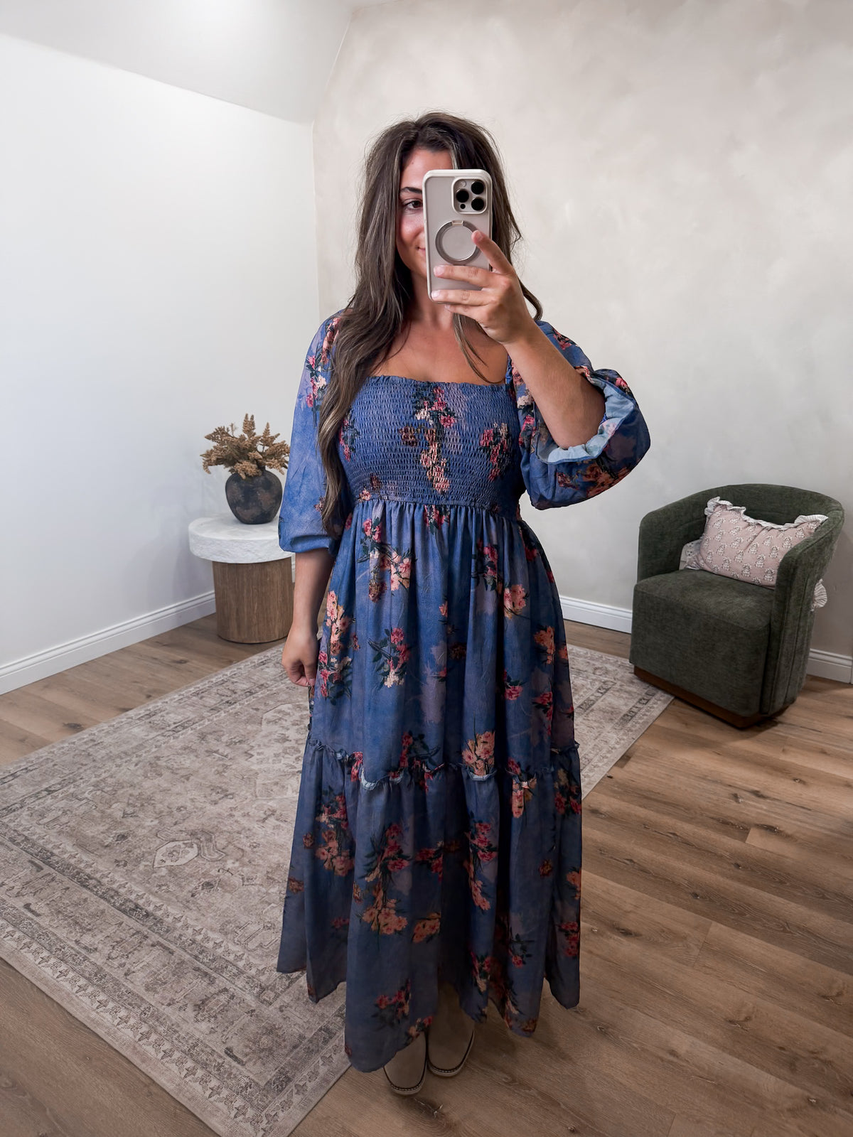 Audrey Floral Midi Dress - denim blue