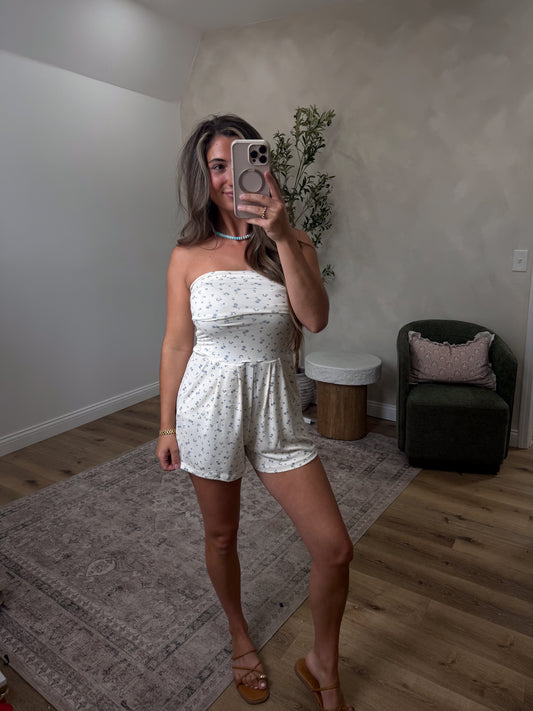 Lily Love Floral Tube Romper - cream/ash blue