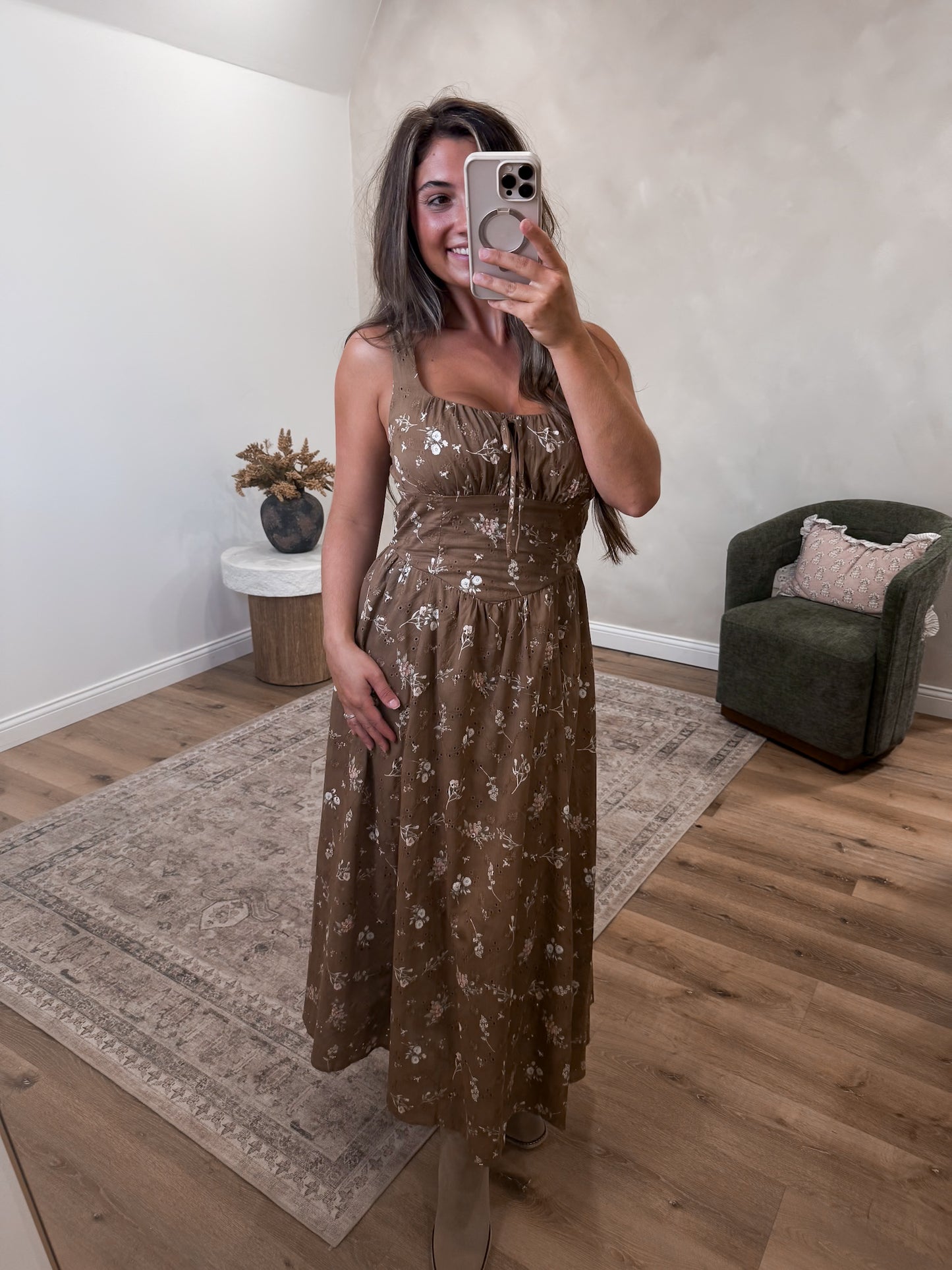 Esme Floral Corset Midi Dress - brown multi