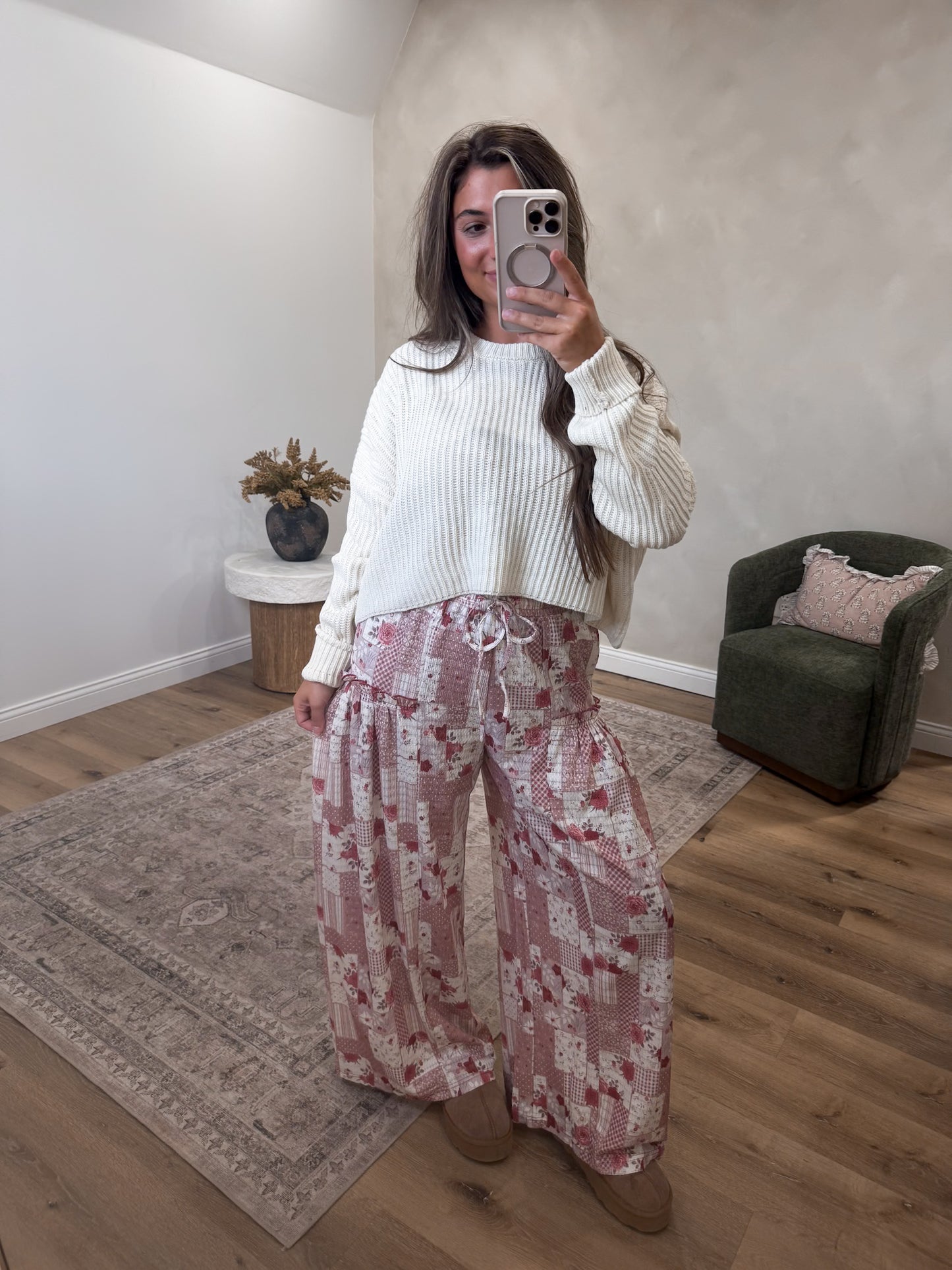 Noelle Patchwork Wide Leg Pants - soft rose
