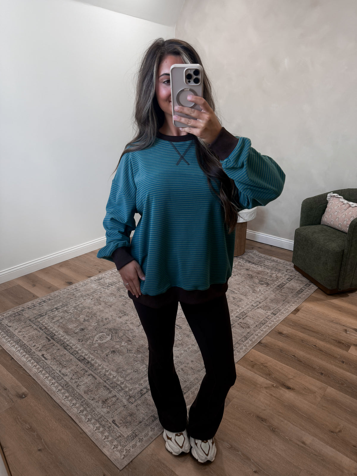 Atlas Striped Pullover - dark sage/teal