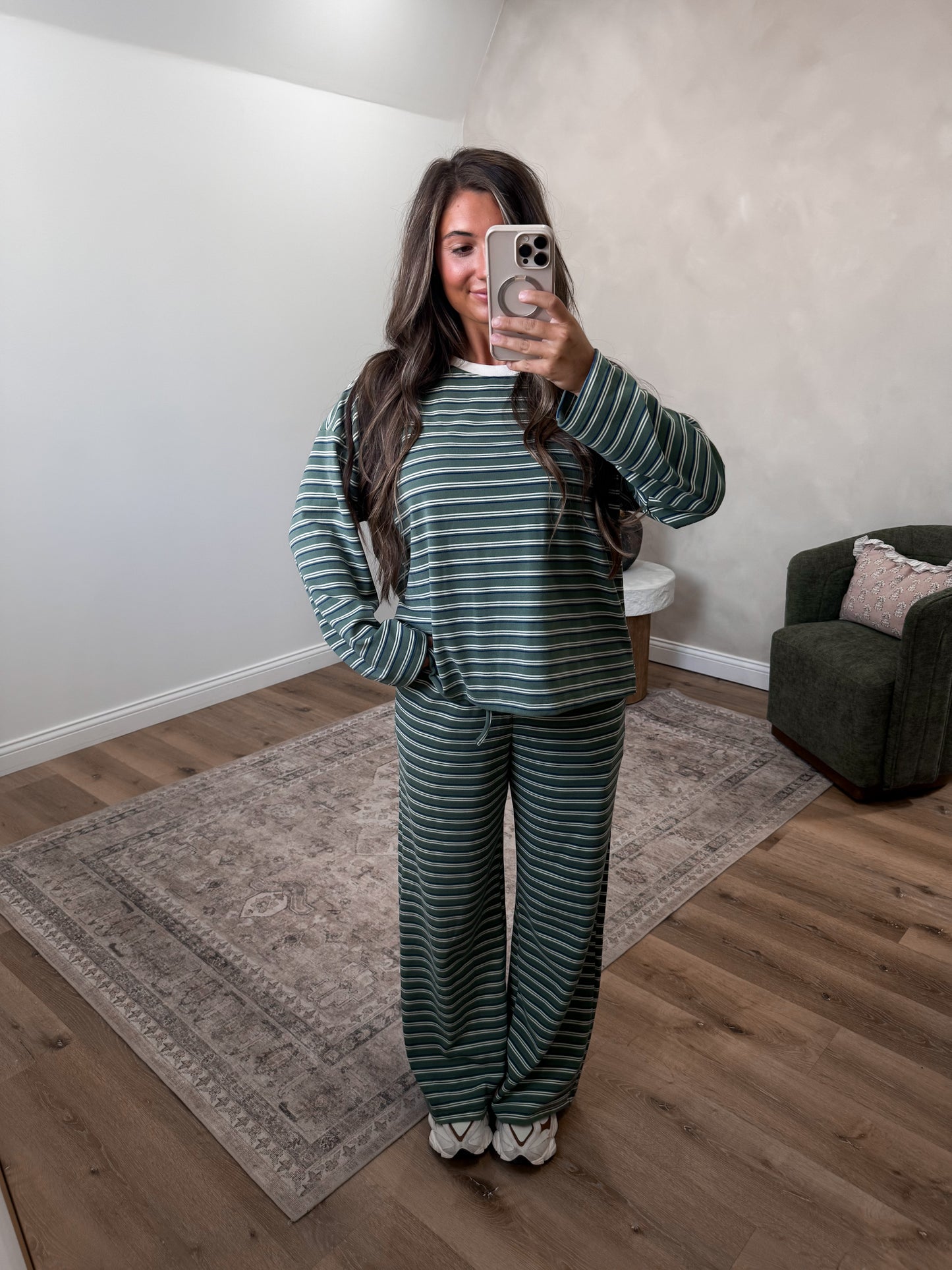 The Lydia Striped Lounge Set - slate/olive