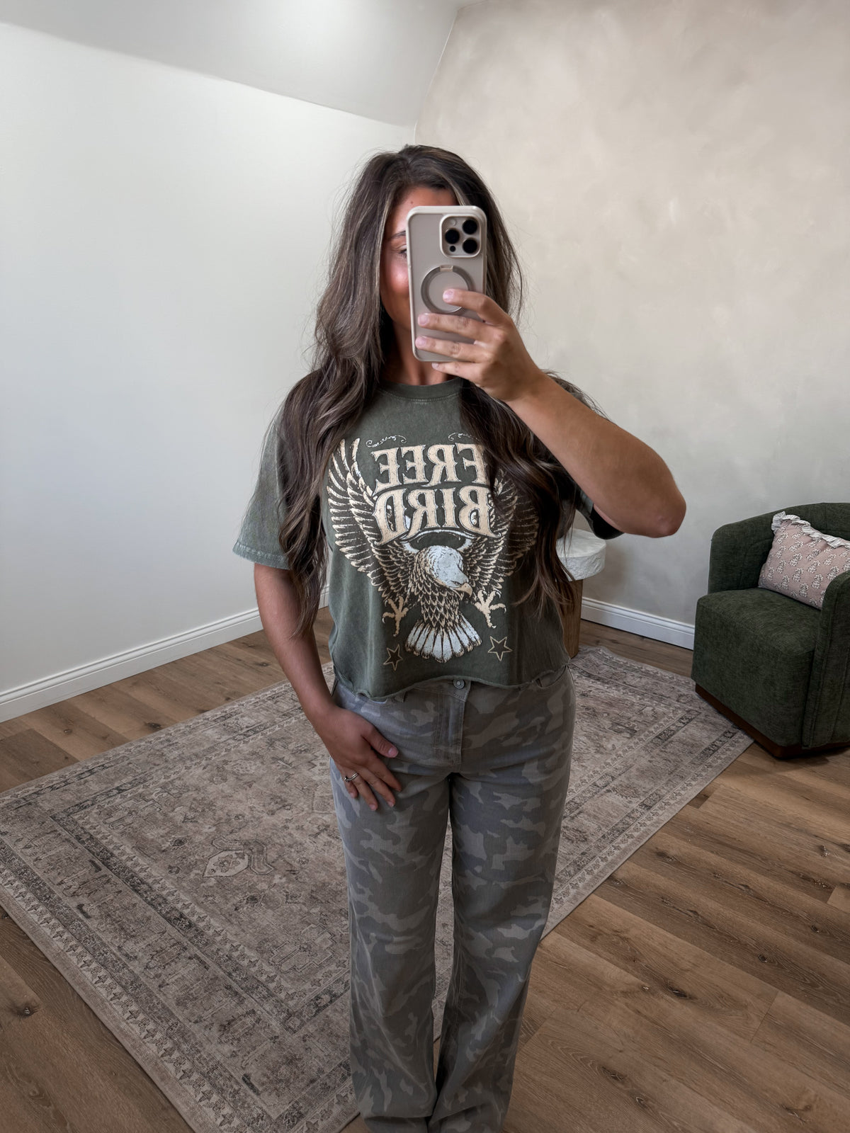 Vintage Free Bird Cropped Graphic - olive