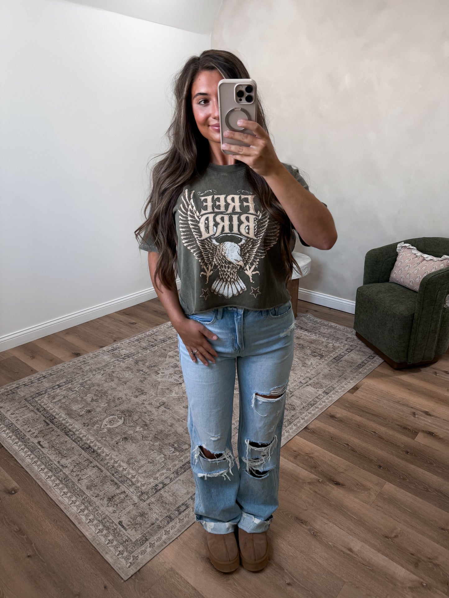 Vintage Free Bird Cropped Graphic - olive