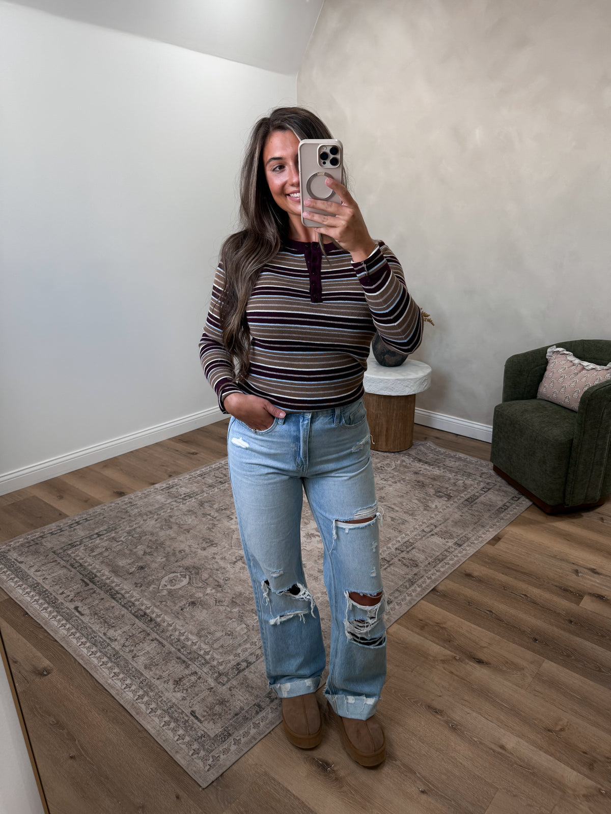 Phoenix Striped Henley Top - burgundy