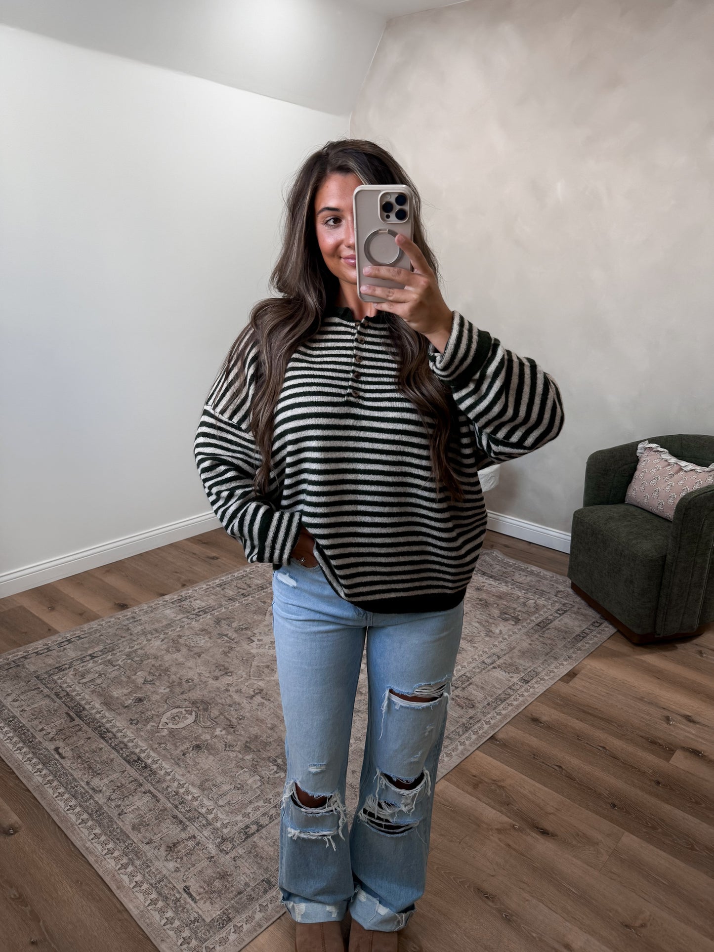 Morning Latte Striped Henley Sweater - olive