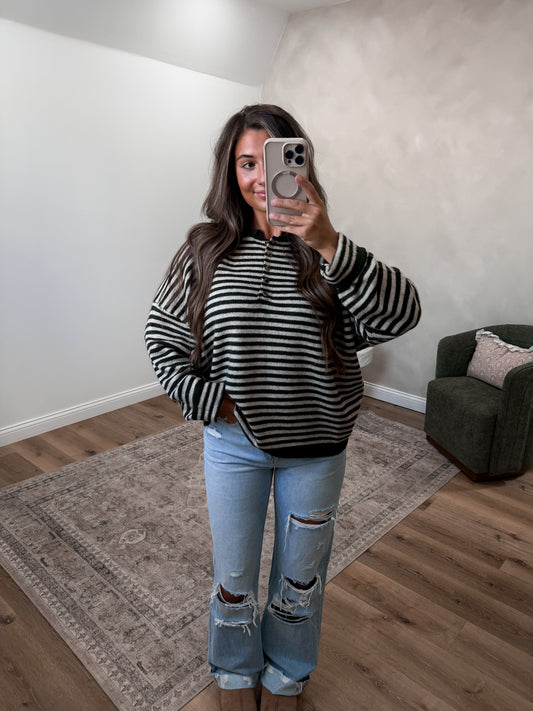 Morning Latte Striped Henley Sweater - olive