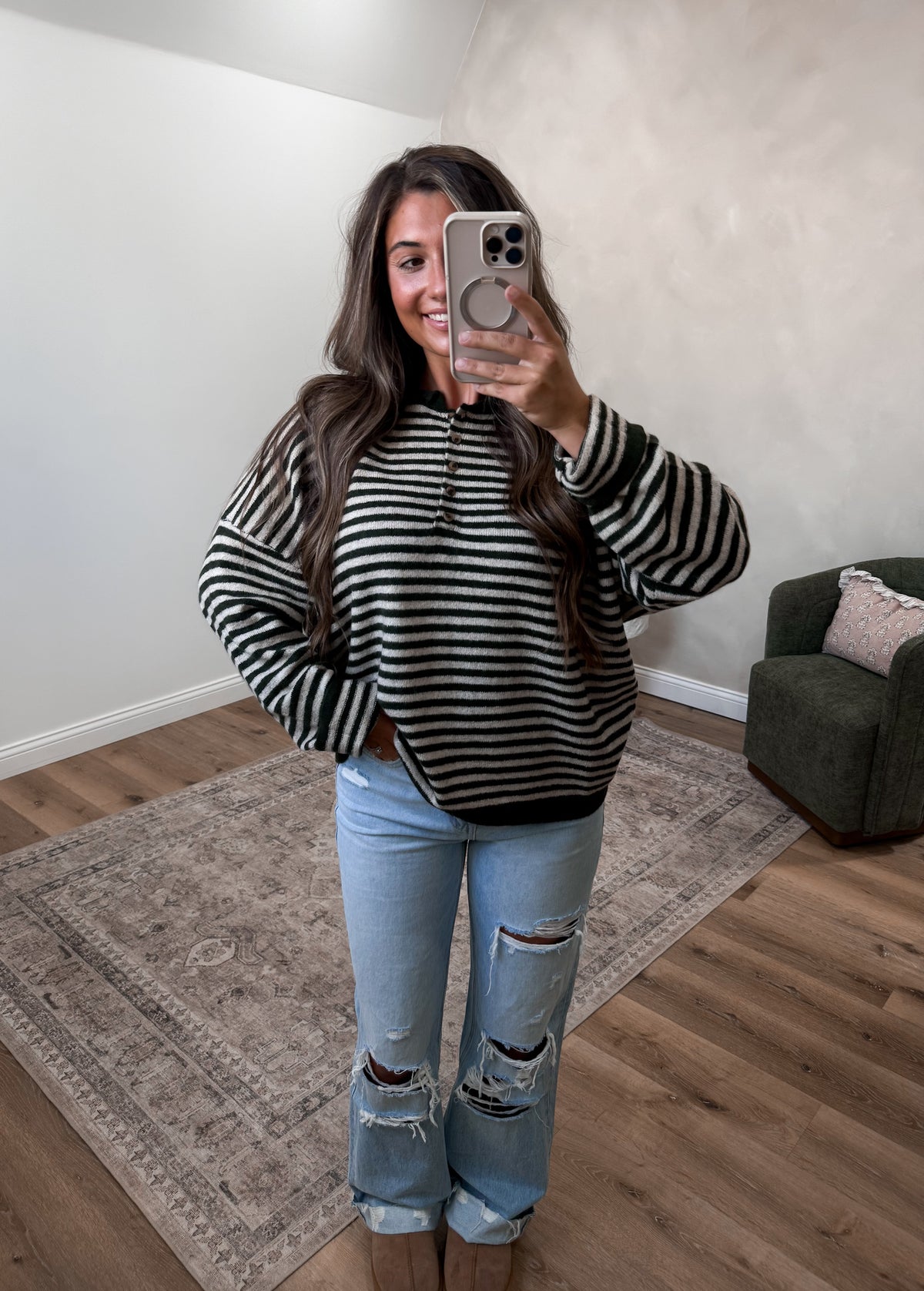 Morning Latte Striped Henley Sweater - olive