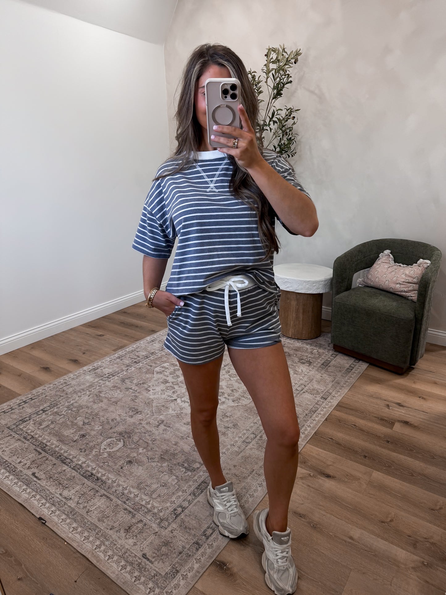 Modern Comfort Striped Shorts Set - charcoal