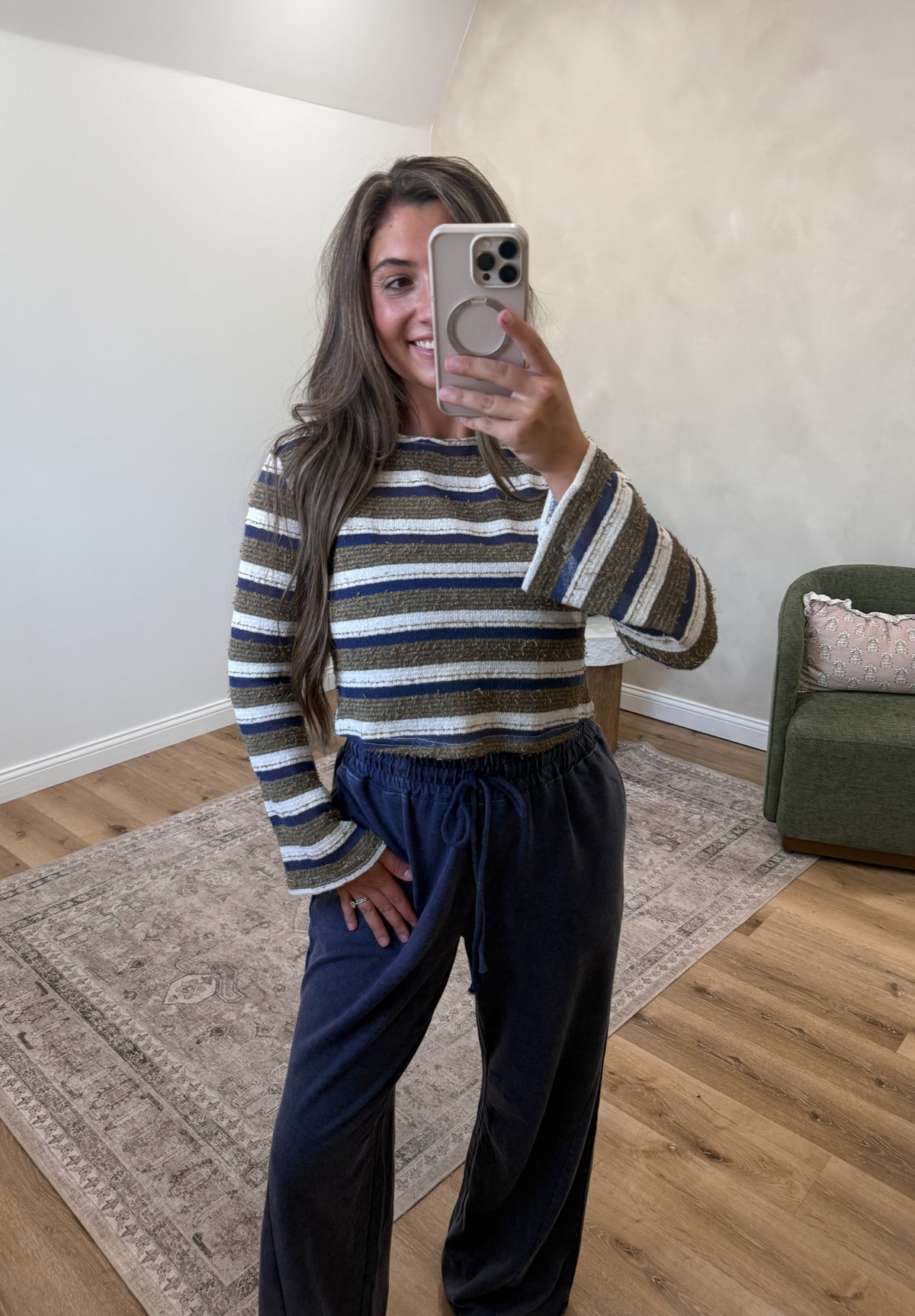 Gigi Striped Long Sleeve Top - navy/olive