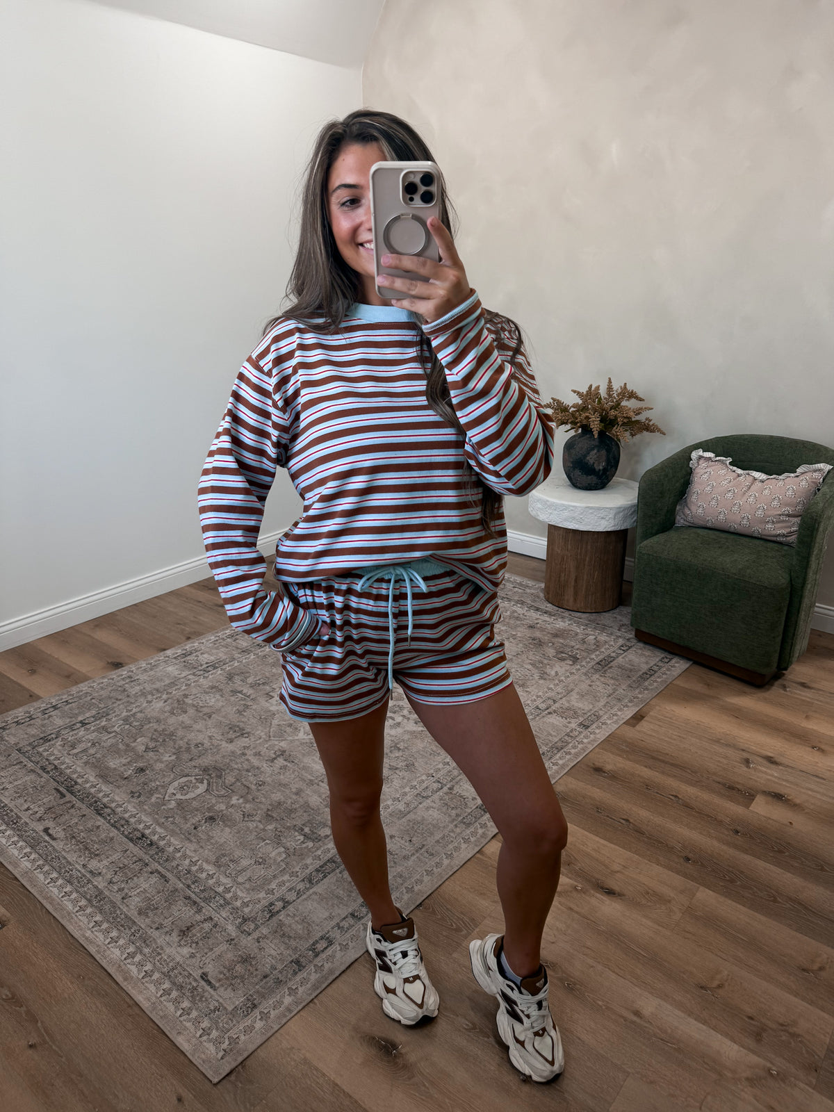 My Time Striped Shorts Set - camel/light blue