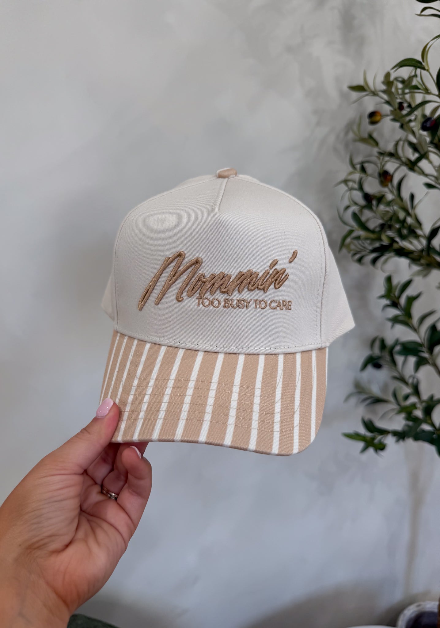 Mommin' Striped Trucker Hat - tan stripe