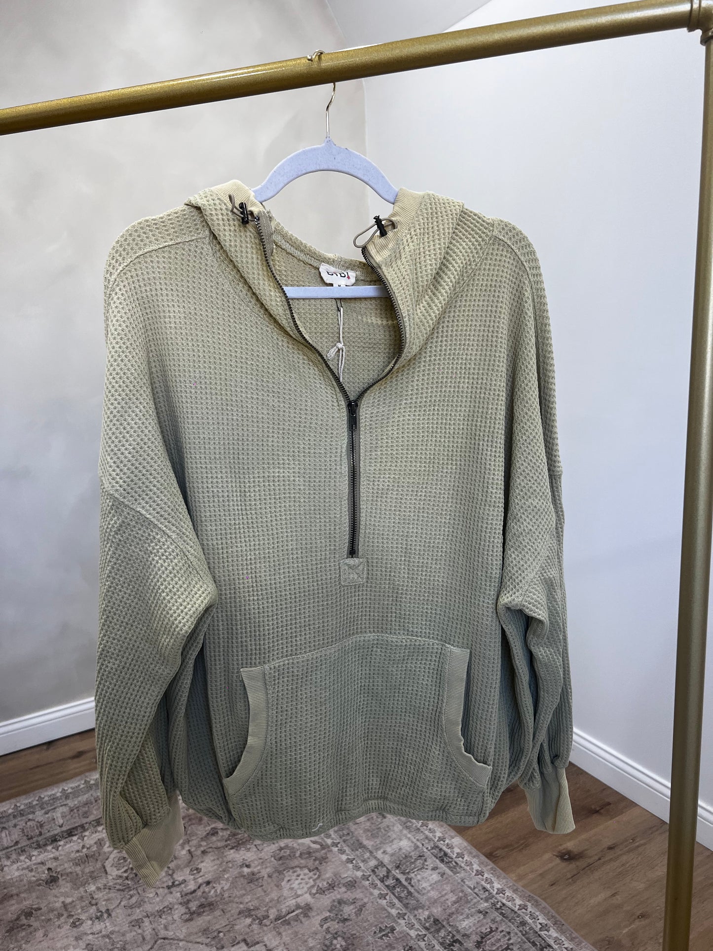 Waffle Knit Hooded Pullover - yellow green