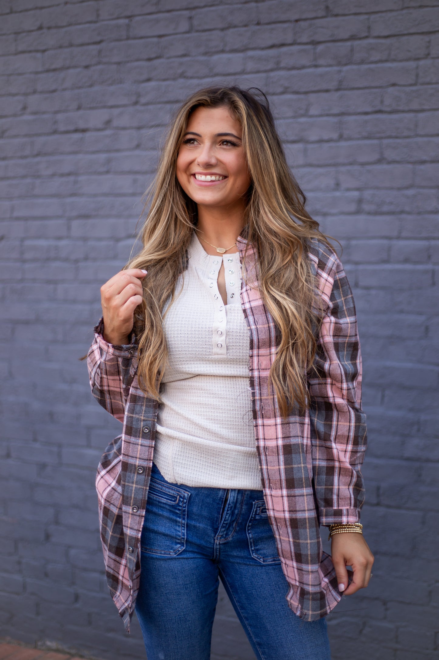 Waiting for Love Waffle Henley Top Beige