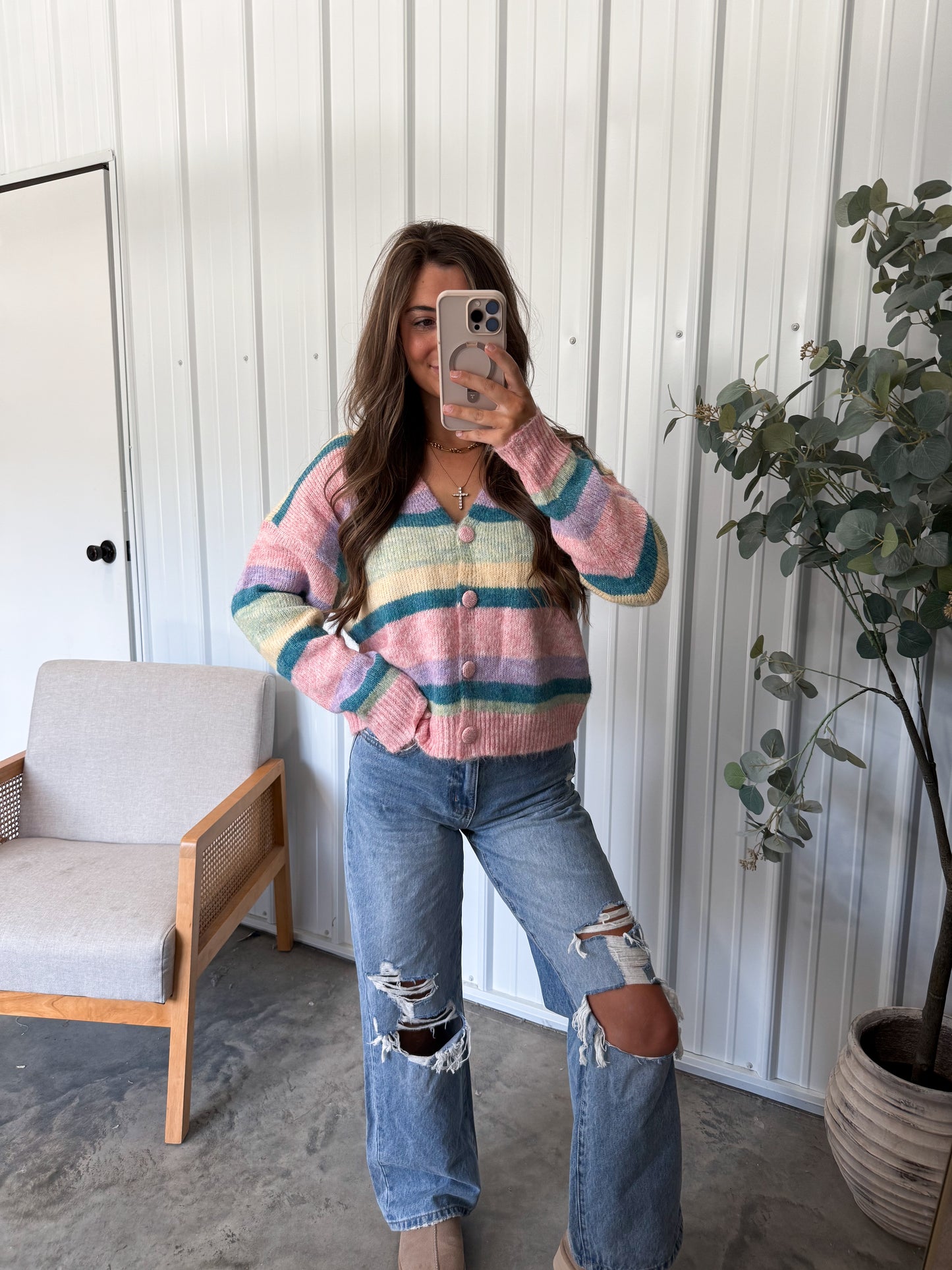 Stacie Striped Cardigan- pink/green