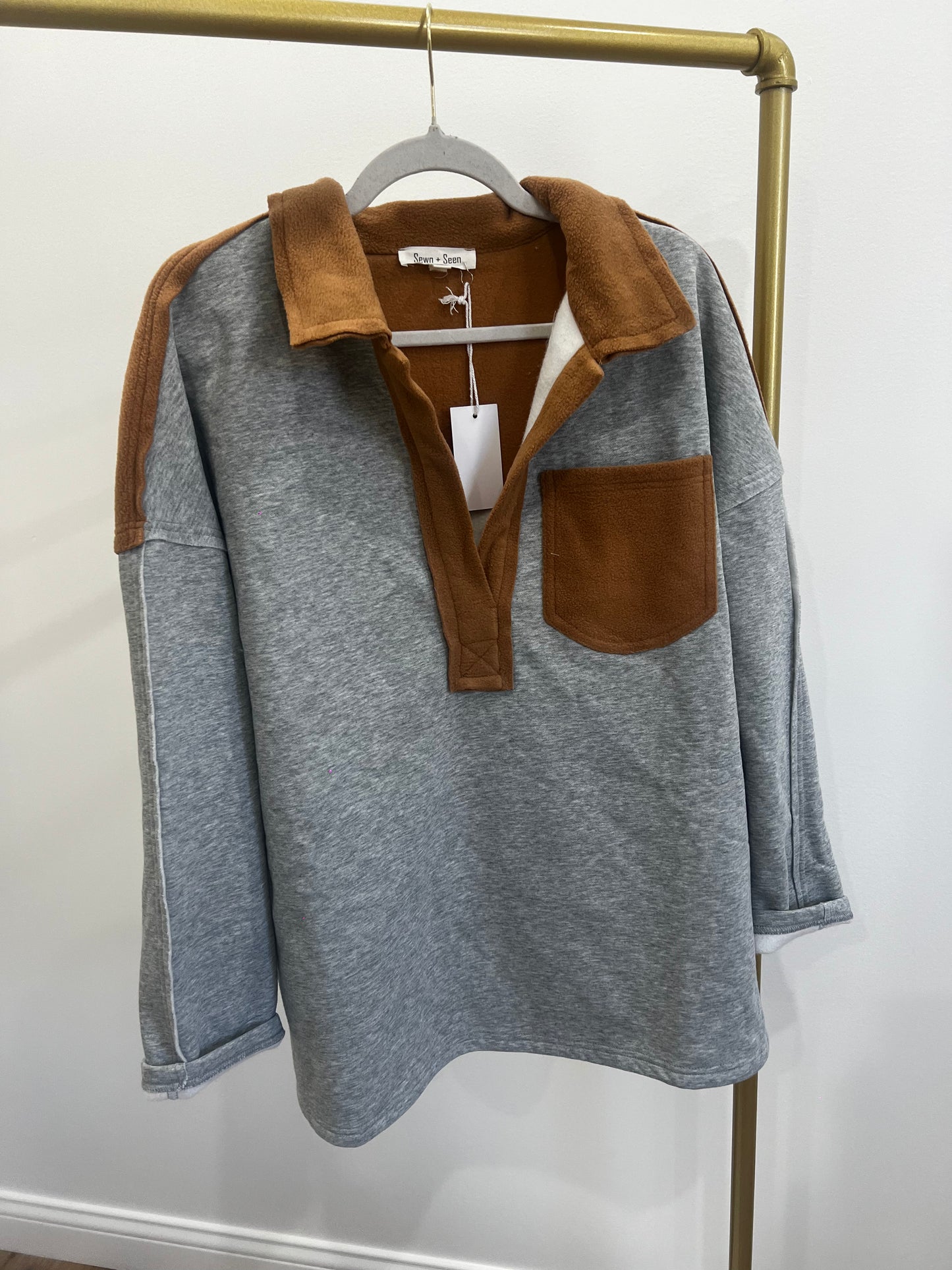 Oversized Fleece Pullover - grey/camel