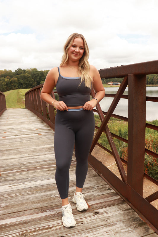 Active State Contrast Leggings - slate and dusty blue lining