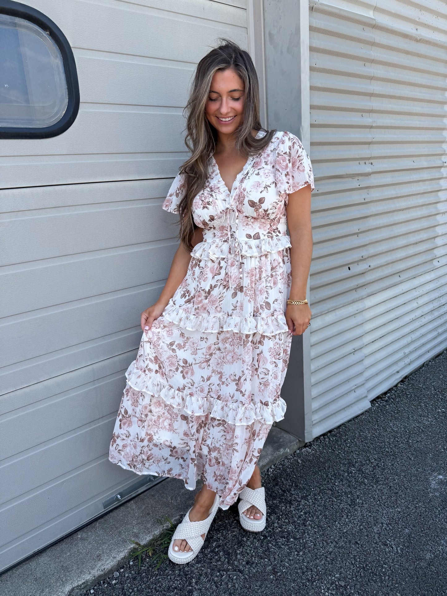Enchanted Floral Ruffled Midi Dress - ivory multi