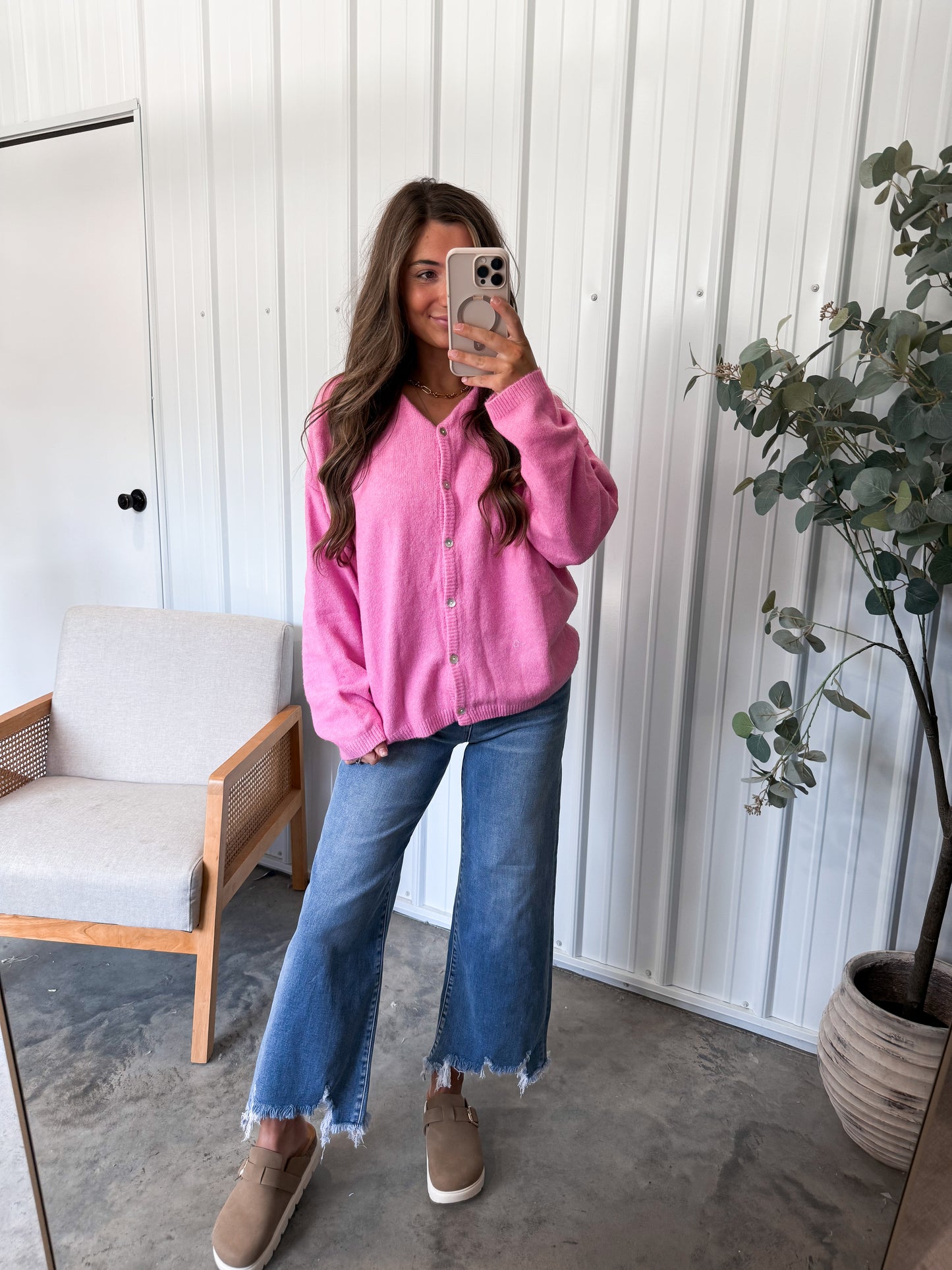 Christy Crew Neck Cardigan- Pink