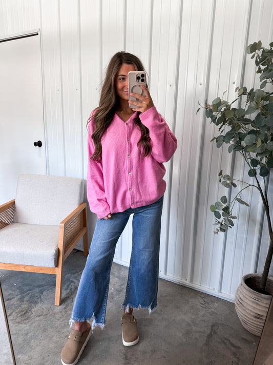 Christy Crew Neck Cardigan- Pink