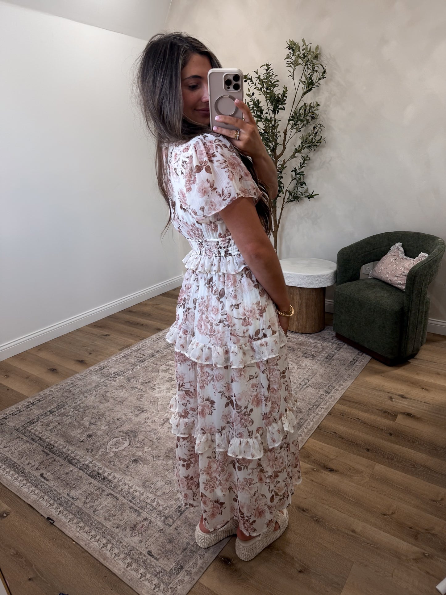 Enchanted Floral Ruffled Midi Dress - ivory multi