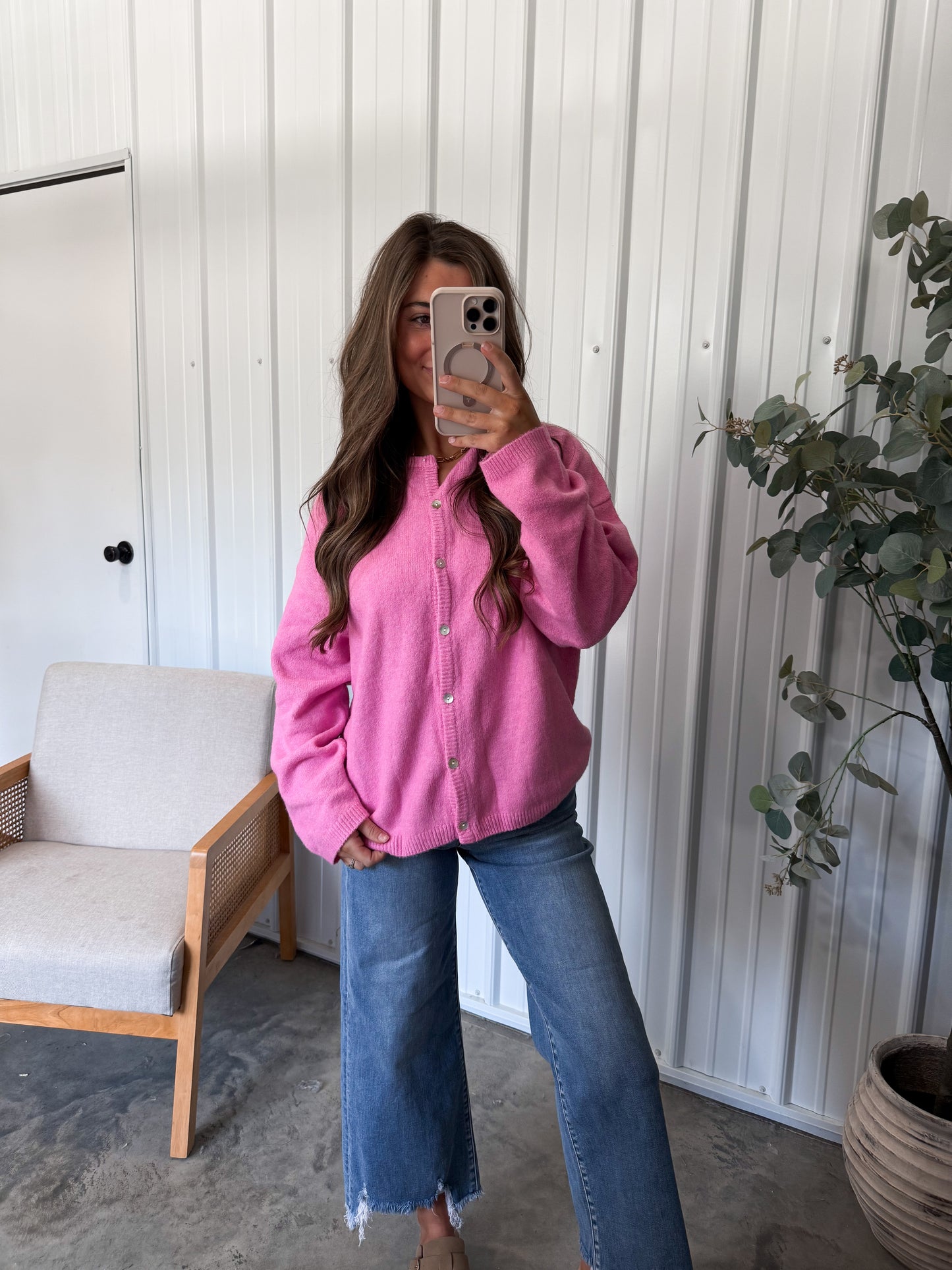 Christy Crew Neck Cardigan- Pink