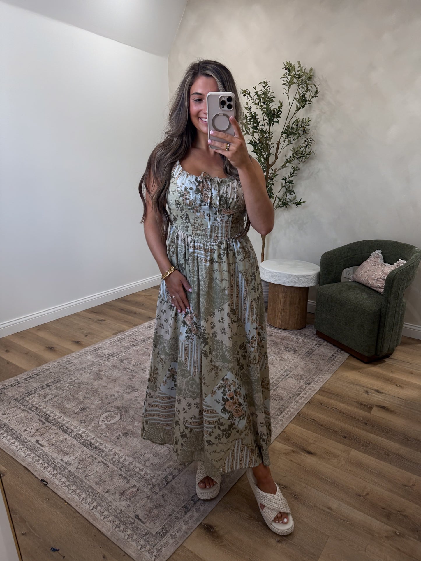 Sage & Sunfire Multi-Pattern Midi Dress - olive