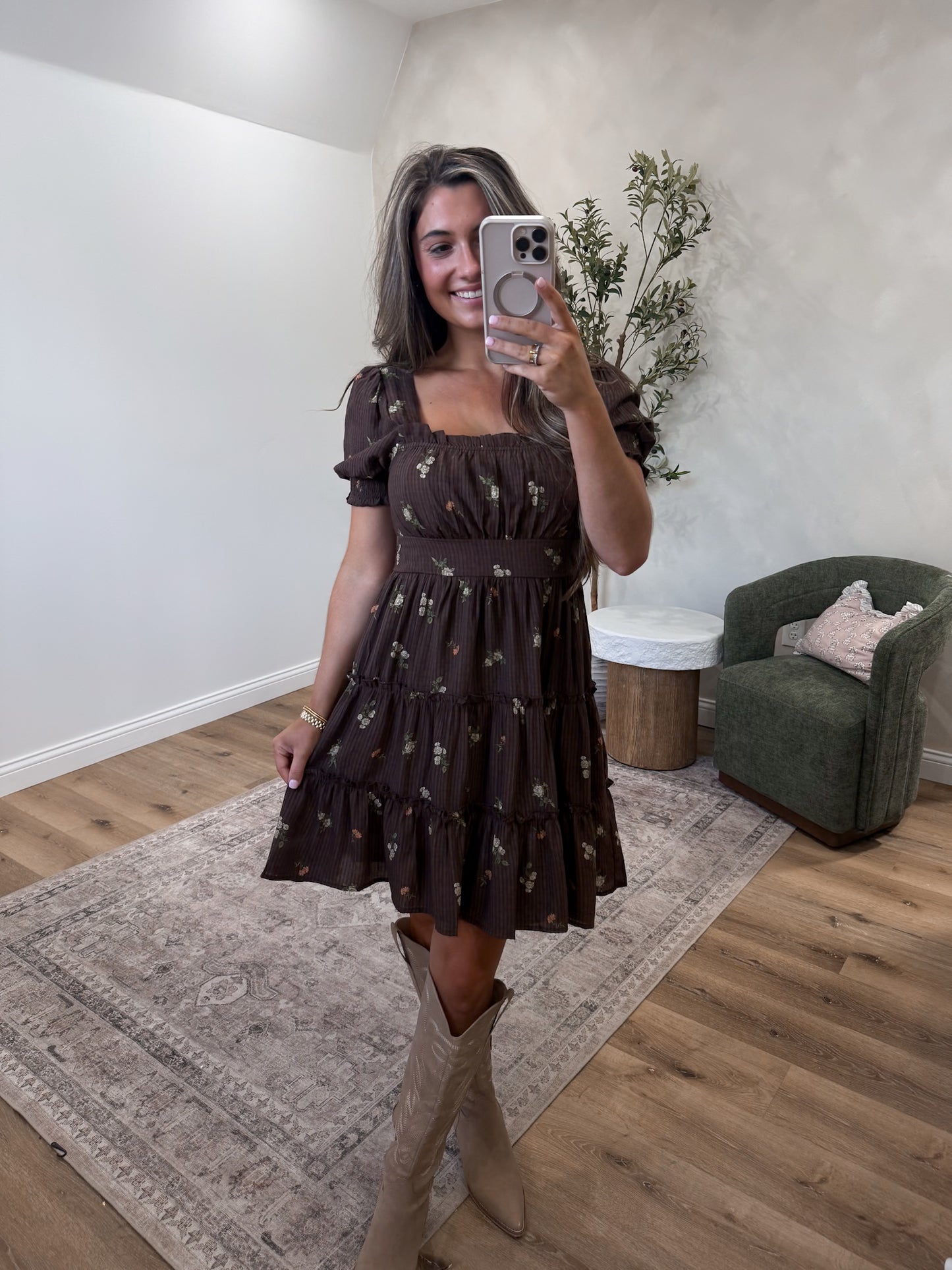 Saddle Creek Floral Mini Dress - brown multi