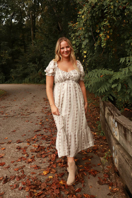 Serenity Floral Ruffle Midi Dress - brown/cream