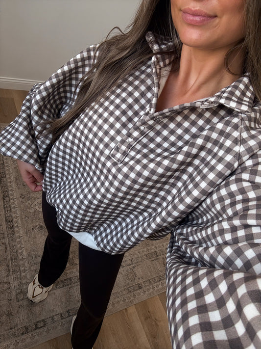 Luxe Piper Gingham Pullover - brown/white