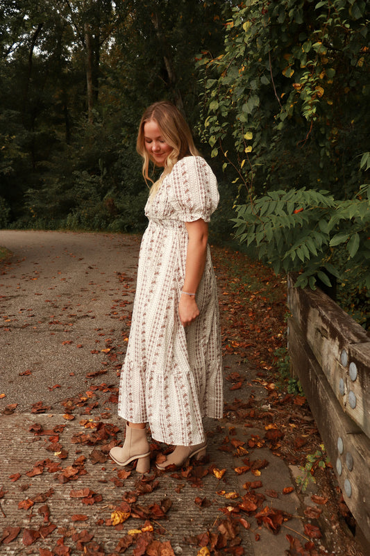 Serenity Floral Ruffle Midi Dress - brown/cream