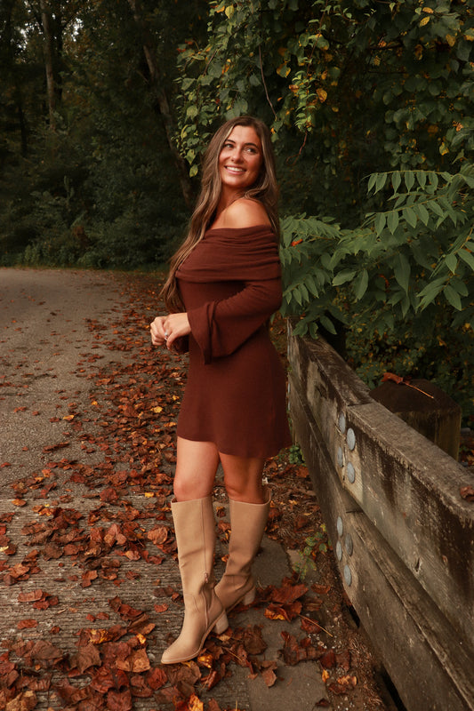Toasty Thoughts Off Shoulders Sweater Dress - brown