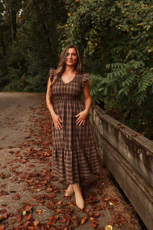 Poetry in Plaid Ruffle Midi Dress - brown
