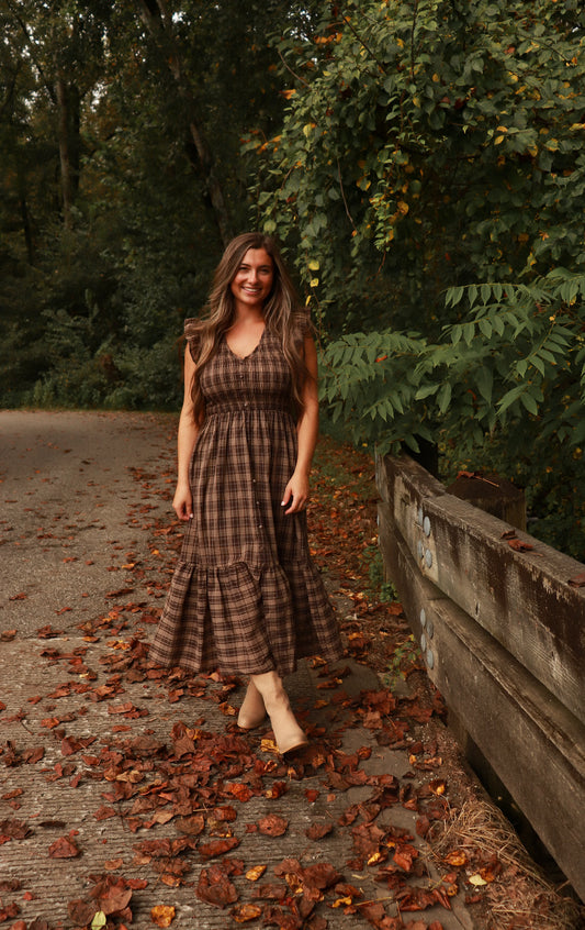 Poetry in Plaid Ruffle Midi Dress - brown