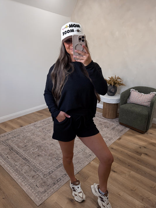 Comfort Stretch Ribbed Long Sleeve Set - black