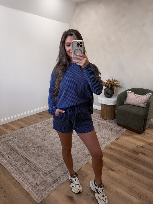Comfort Stretch Ribbed Long Sleeve Set - navy