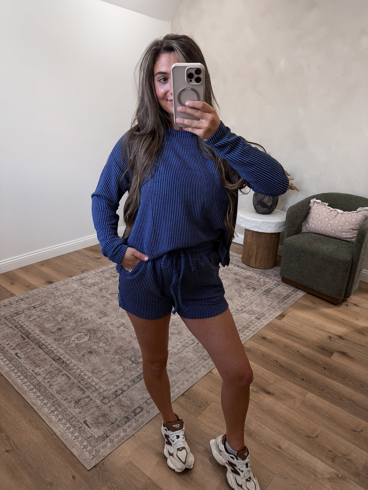 Comfort Stretch Ribbed Long Sleeve Set - navy