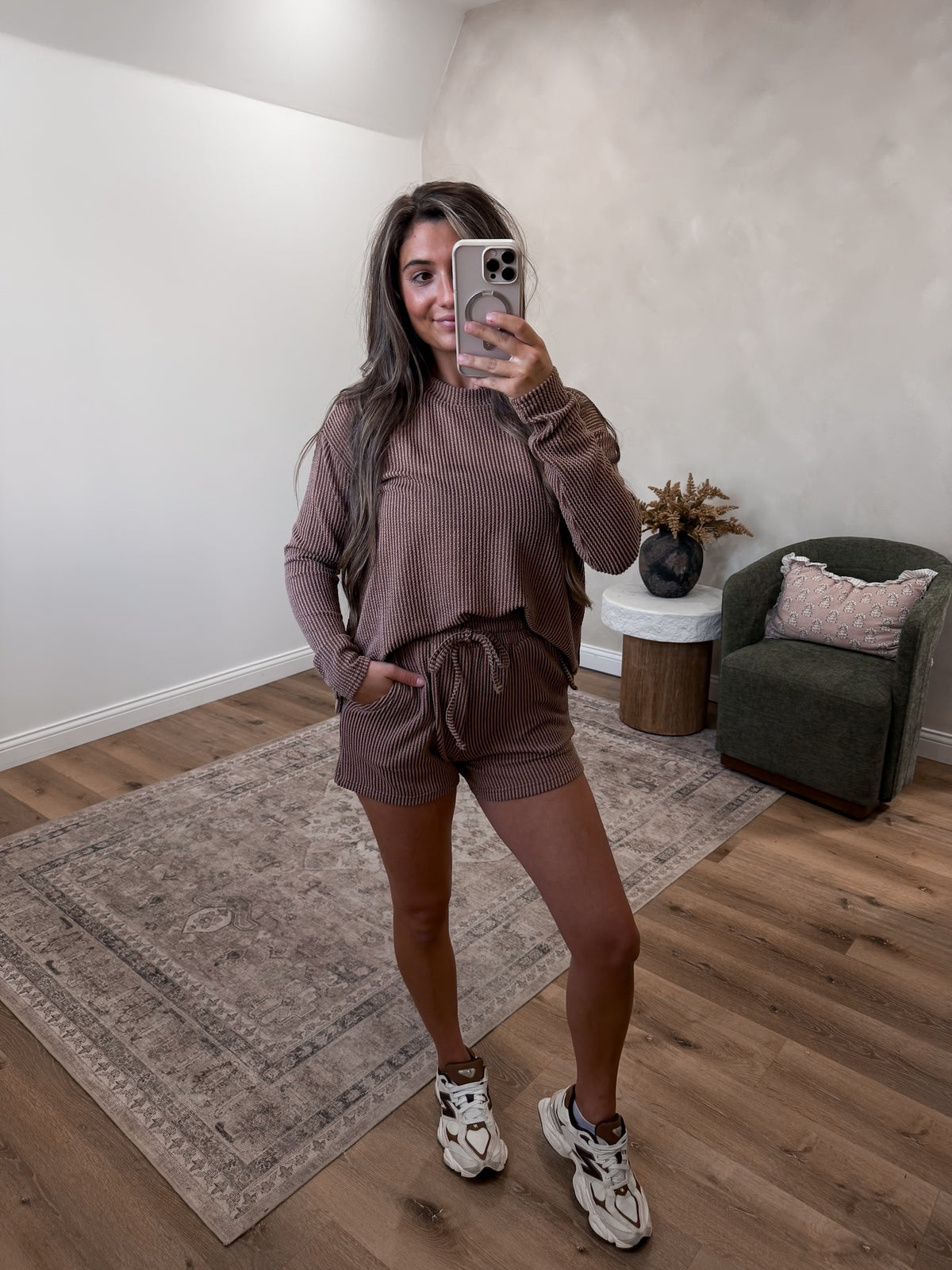 Comfort Stretch Ribbed Long Sleeve Set - brown