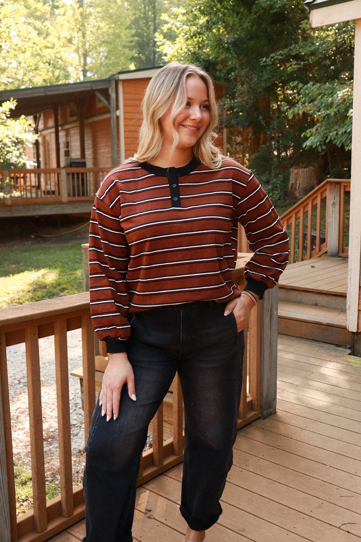 Campfire Striped Henley Top - brown