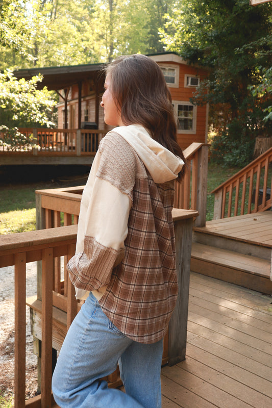 Harvest Hues Plaid Color Block Hoodie -  natural